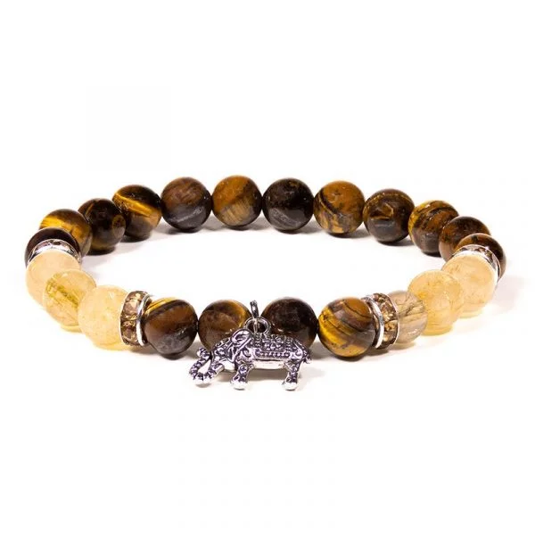 Armband tijgeroog/rutielkwarts met olifant -- 8mm