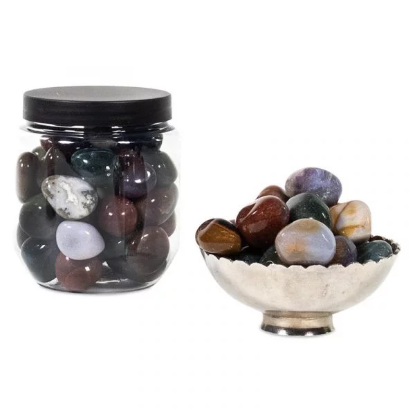 Jaspis meerkleurig trommelsteen transp. pot -- 500 g; 2-3 cm