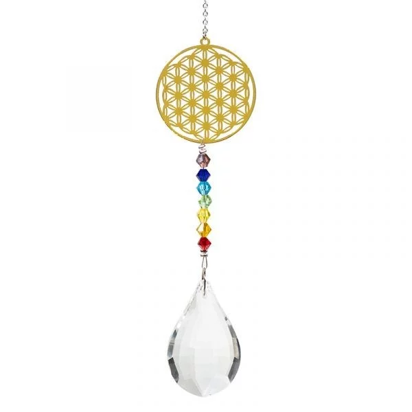 Kristaldruppel wit met chakra bloem des levens -- 29 cm