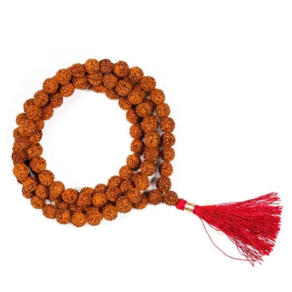 Mala Rudraksha 108 kralen met rode kwast -- 0.9 cm