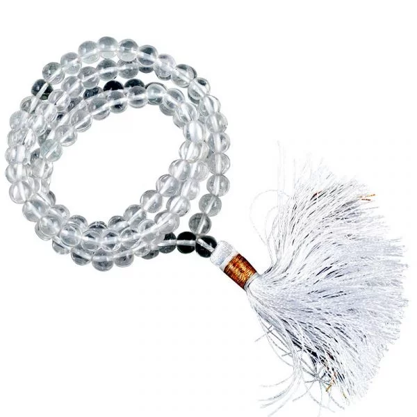 Mala bergkristal AA witte kwast 108 kralen + tasje -- 0.8 cm