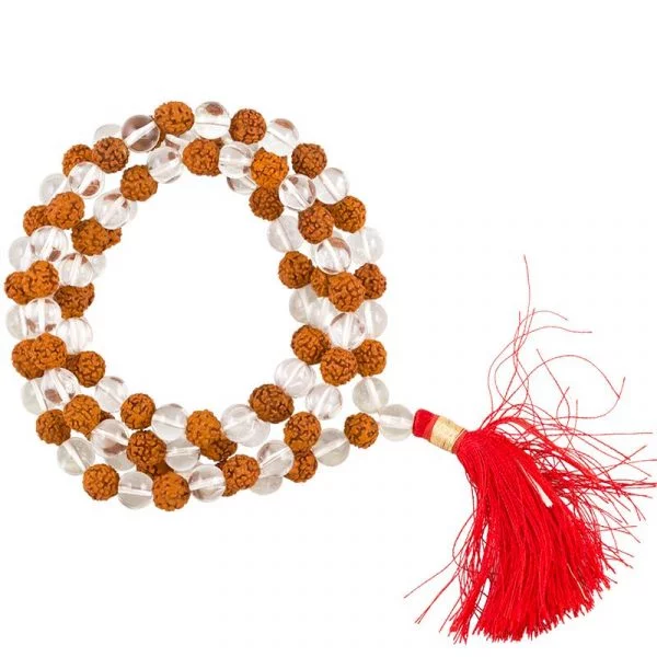 Mala bergkristal/rudraksha AA 108 kralen + tasje -- 0.8 cm