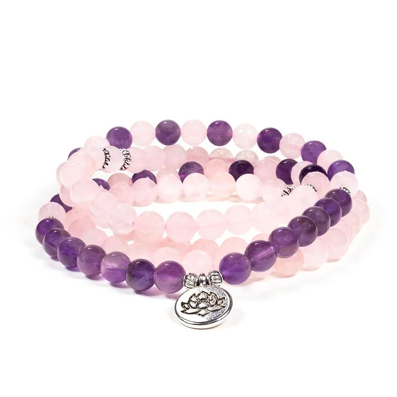 Mala-rozenkwartsamethist-elastisch-met-lotus-0.8-cm Mala rozenkwarts/amethist elastisch met lotus -- 0.8 cm