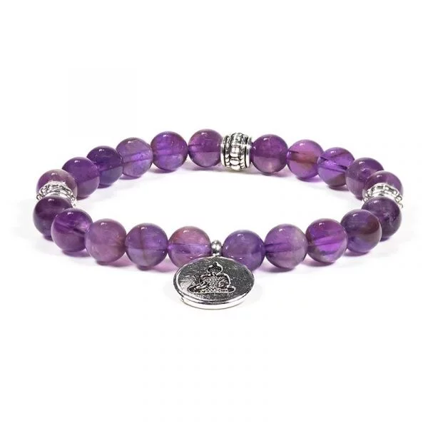 Mala/armband amethist elastisch met boeddha -- 0.8 cm
