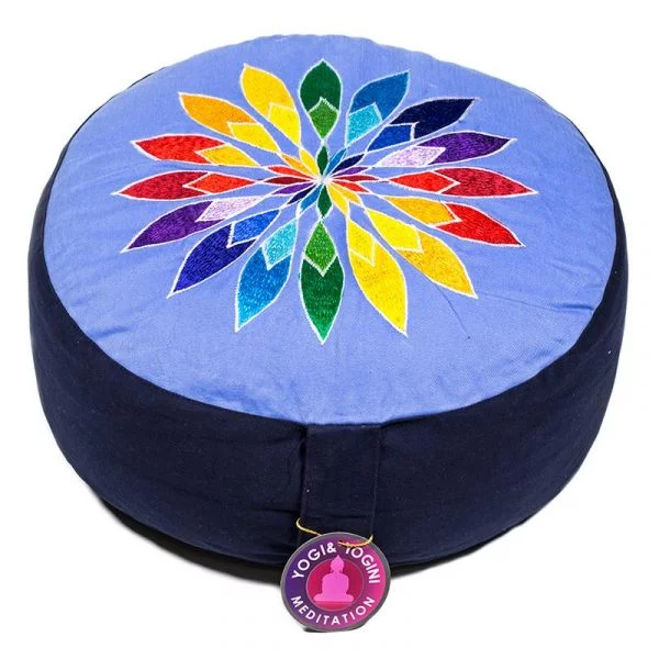 Meditatiekussen blauw bloem geborduurd -- 33x17 cm