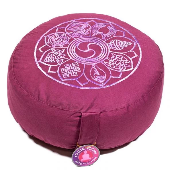 Meditatiekussen licht aubergine 8 symbolen geborduurd -- 33x