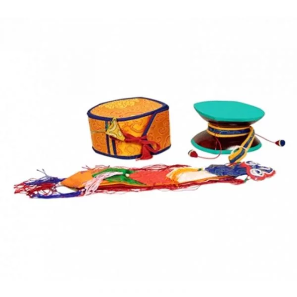 Mystieke rituele drum (Damaru) met gele tas -- 12.5 cm
