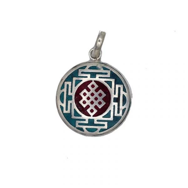 Oneindige knoop hanger turquoise met rood -- 3 cm