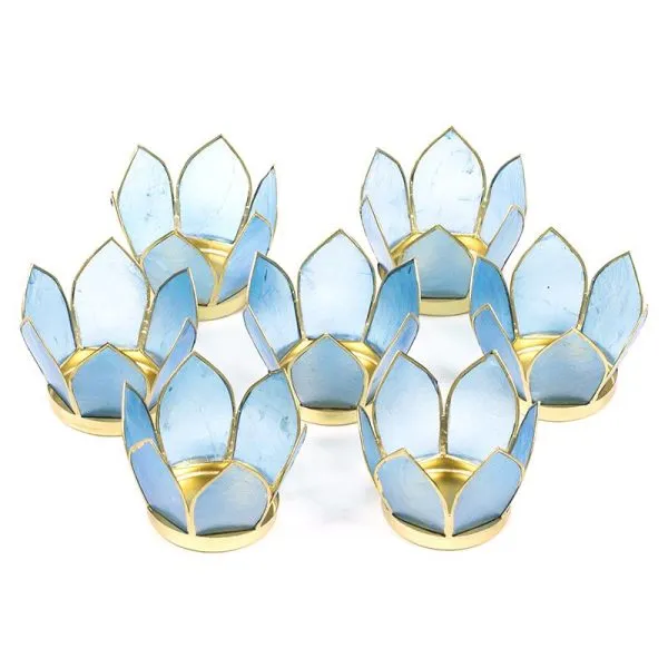 Set van 7: Lotus sfeerlicht klein blauw goudrand -- 8 cm