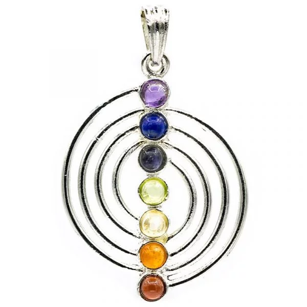 Spiraal hanger 7 chakra halfedelstenen verzilverd -- 4 cm
