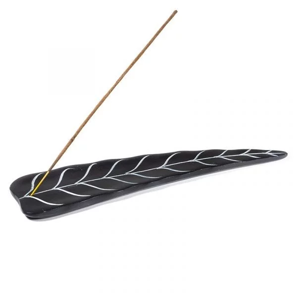 Wierookbrander bladvorm zwart zeepsteen -- 25x6.5 cm