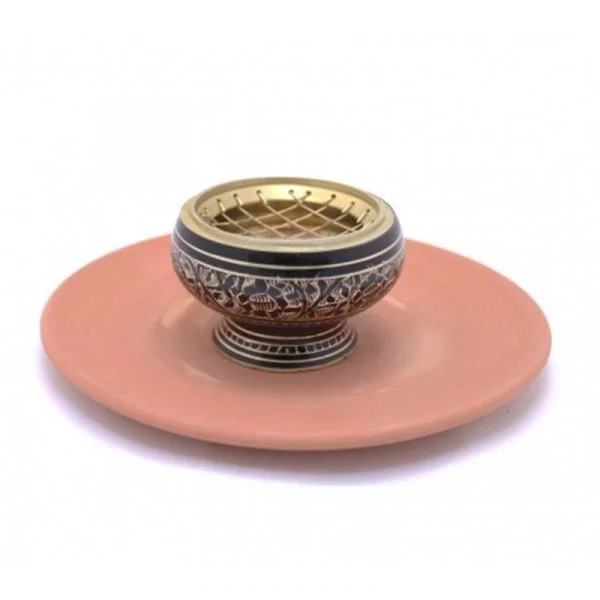 Wierookbrander messing & terracotta schaal -- 7.5x5.5 cm