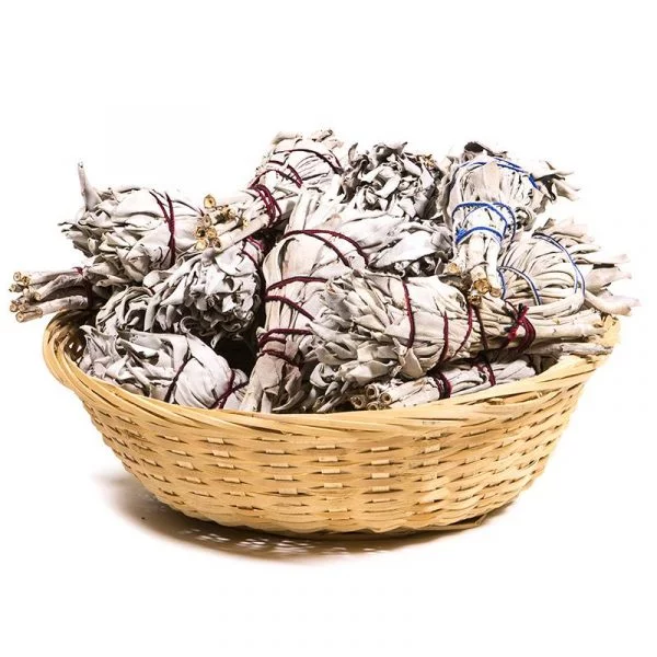 Witte Salie smudge fakkel per 24 in mandje -- 15-20g; 12x4cm