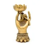 Theelichthouder Varada Mudra met Lotus goudkleurig- 9 cm x 8,5 cm x 18,5 cm