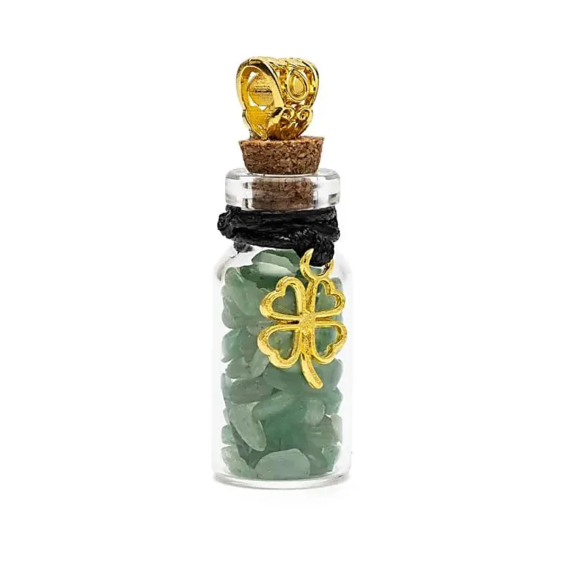 12703 Geschenkflesje aan koord met groene aventurijn en klavertje vier - ±3,6 cm - Afbeelding 1