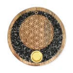 Wierookkegelhouder Flower of life toermalijn en pyriet mangohout -±10 cm