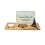Kaarthouder Flower of life toermalijn en pyriet mangohout - ± 21,5 cm x 13 cm