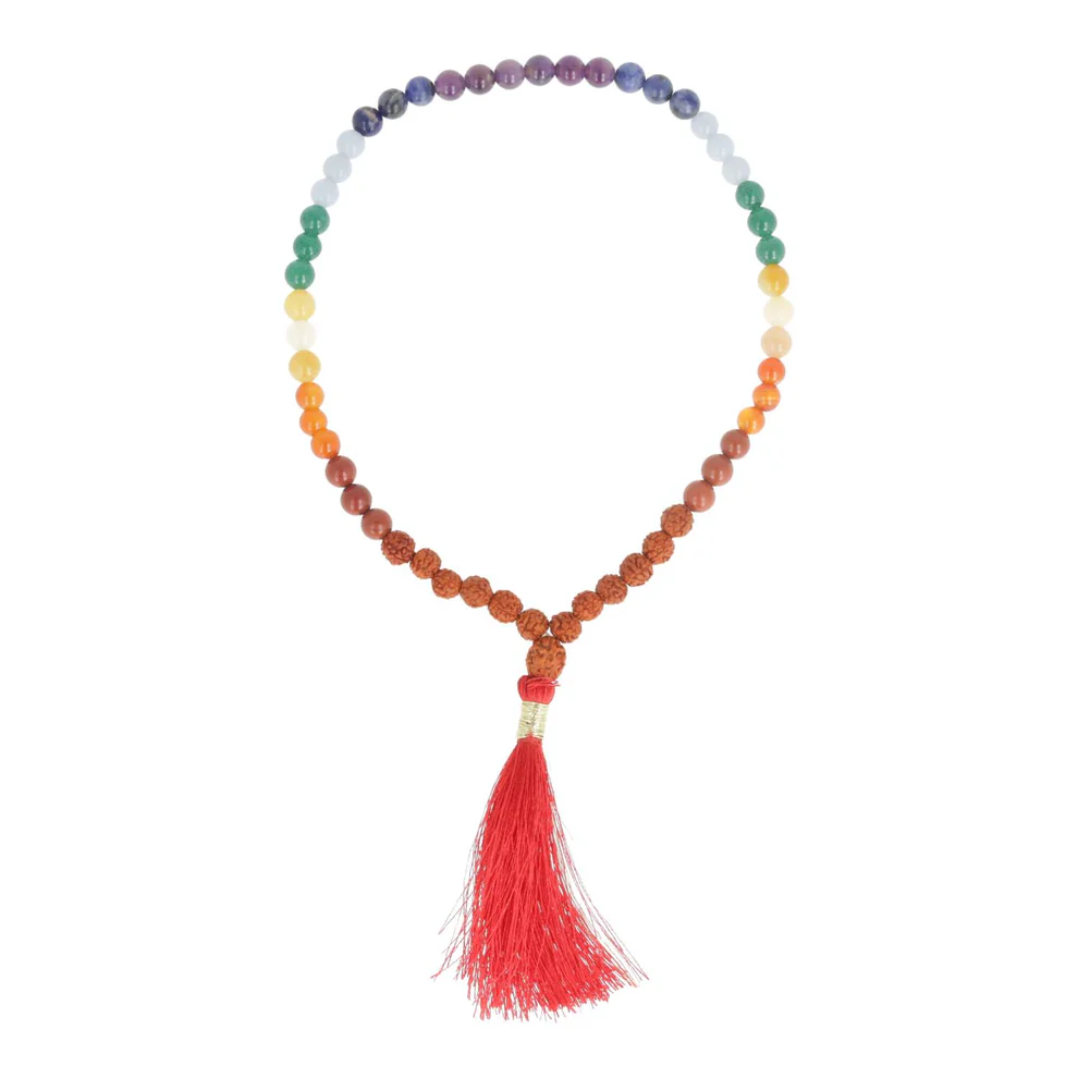 2616 Reis mala 54 kralen rudraksha met chakra edelstenen 25 cm – kraal 0.6 cm - Afbeelding 1