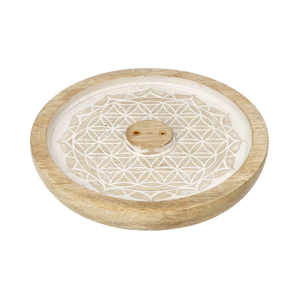 9058 Wierookhouder Bloem des Levens Mandala Mangohout Whitewash - 14 cm x 15 cm x 2 cm - Afbeelding 1