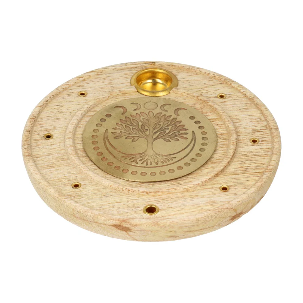9070 Wierookbrander rond Levensboom mangohout messing - Ø 10 cm x 1 cm - Afbeelding 1