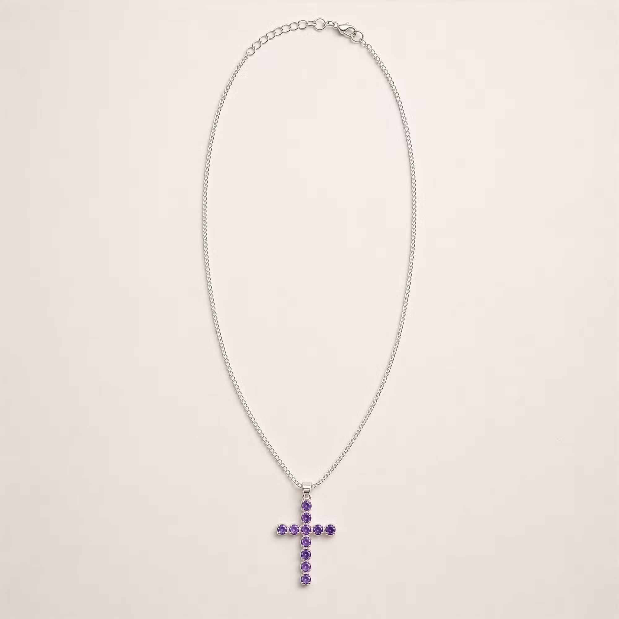 b65ee4b7 Indiase Devotie Hangers - Verzilverd (45cm Ketting) - Amethist Kruisbeeld - Afbeelding 1